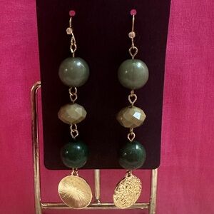 Green and Gold Beaded Dangle Earrings